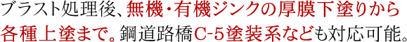 ブラスト処理後、無機・有機ジンクの厚膜下塗りから各種上塗まで。鋼道路橋C-5塗装系なども対応可能。