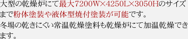 大型の乾燥炉にて最大7000W×4250L×3050Hのサイズまで粉体塗装や溶剤型焼付塗装が可能です。冬場の乾きにくい常乾塗料も乾燥炉にて加温乾燥できます。